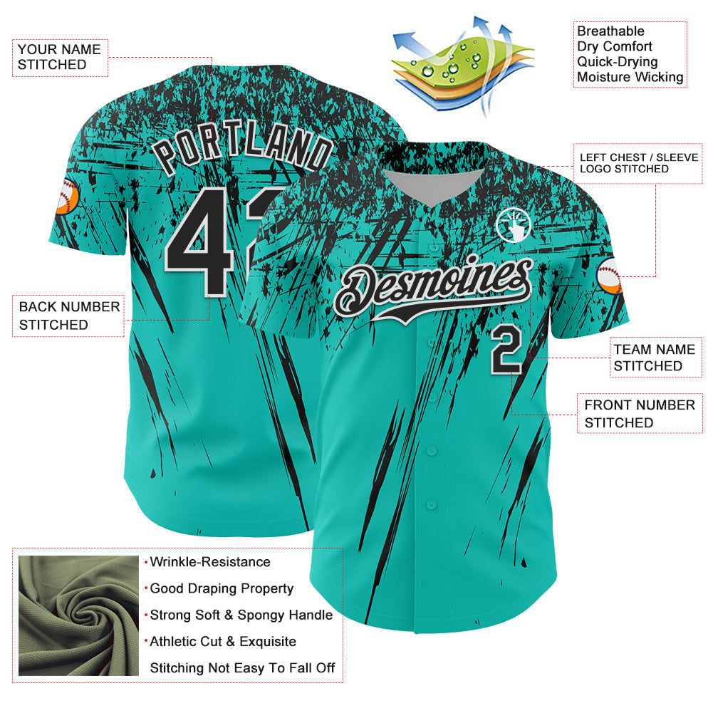 Custom Aqua Black-White Distressed Scratch Brush Stroke Authentic Baseball Jersey