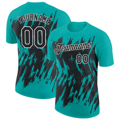 Custom Aqua Black-White Torn Sharp Brush Stroke Splatter Performance T-Shirt
