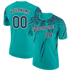 Custom Aqua Navy-White Distressed Scratch Brush Stroke Performance T-Shirt