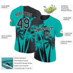 Custom Aqua Black-White Hawaii Tropical Coastal Palm Trees Performance T-Shirt