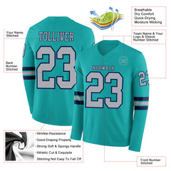Custom Aqua Gray-Navy Long Sleeve Authentic Football Jersey