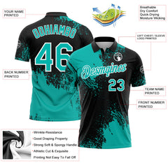Custom Aqua Black-White 3D Pattern Design Abstract Brush Stroke Performance Polo Shirt