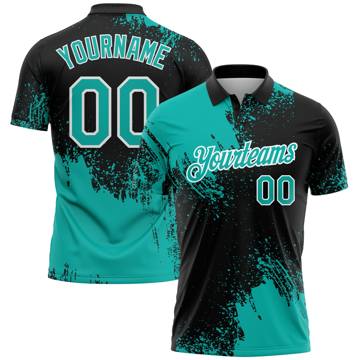 Custom Aqua Black-White 3D Pattern Design Abstract Brush Stroke Performance Polo Shirt