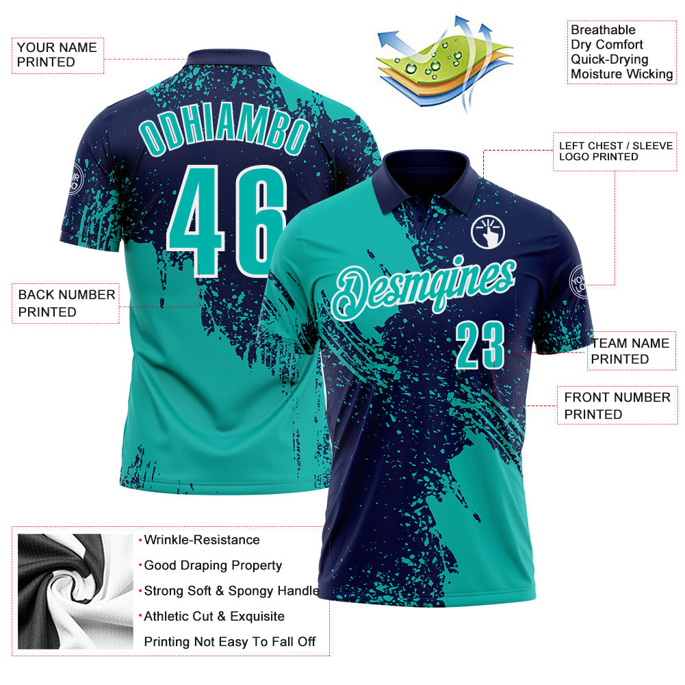 Custom Aqua Navy-White 3D Pattern Design Abstract Brush Stroke Performance Polo Shirt