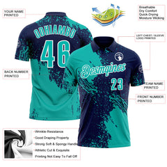 Custom Aqua Navy-White 3D Pattern Design Abstract Brush Stroke Performance Polo Shirt