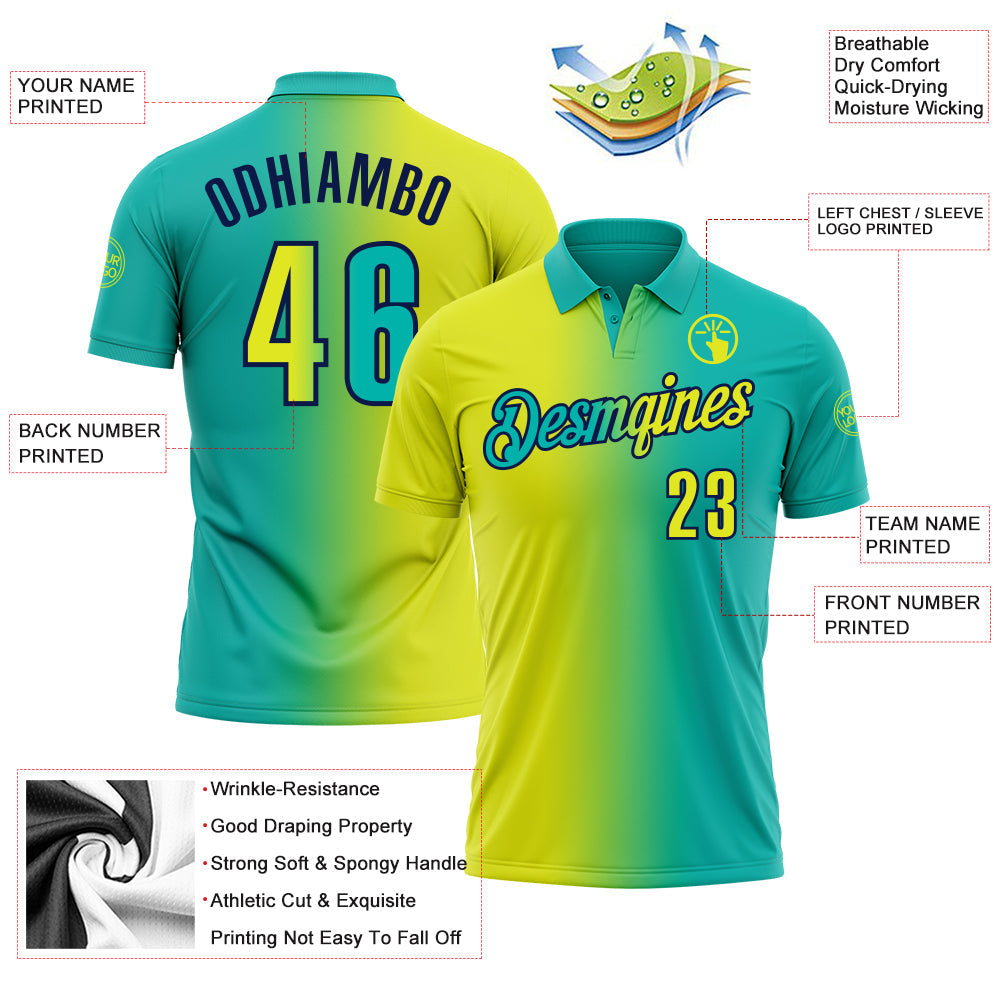 Custom Aqua Neon Yellow-Navy 3D Gradient Fashion Performance Polo Shirt