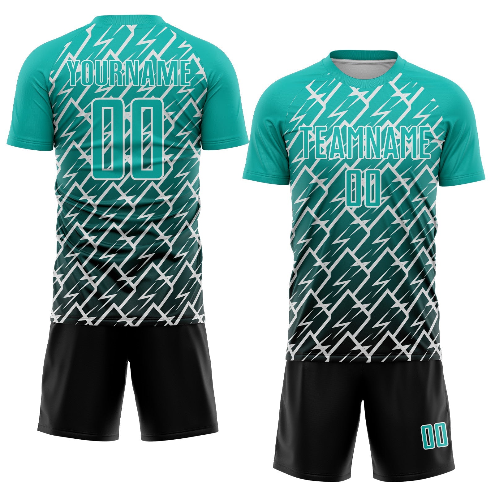 Custom Aqua Black-White Lightning Sports Sublimation Soccer Uniform Jersey