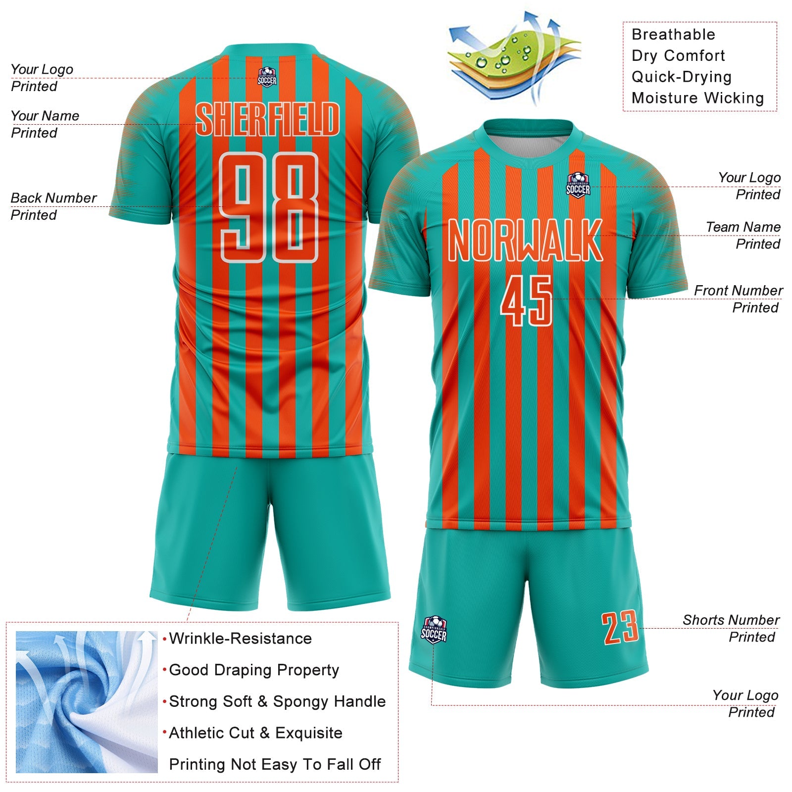 Custom Aqua Orange-White Stripe Sports Sublimation Soccer Uniform Jersey